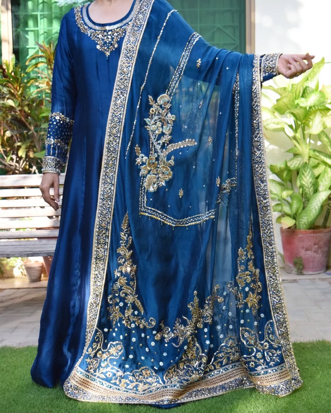 Pure silk long panel shirt with antique-gold handwork detailing, dubka, sequins and zari detail.webp (5)